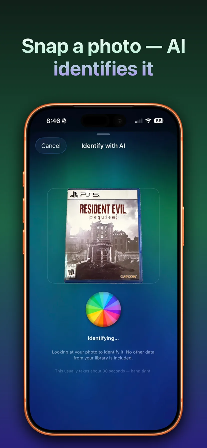 Snap a photo &mdash; AI identifies it: an iPhone identifying a photographed PS5 game case in Kabynyt