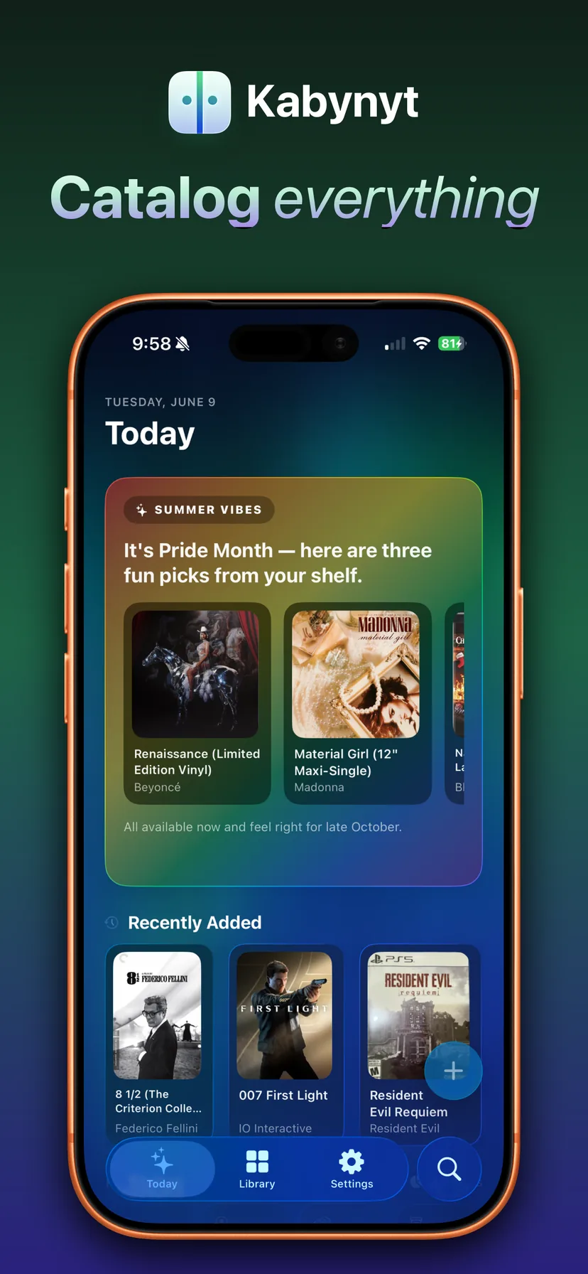Catalog everything: the Today screen with AI picks from your shelf and recently added items