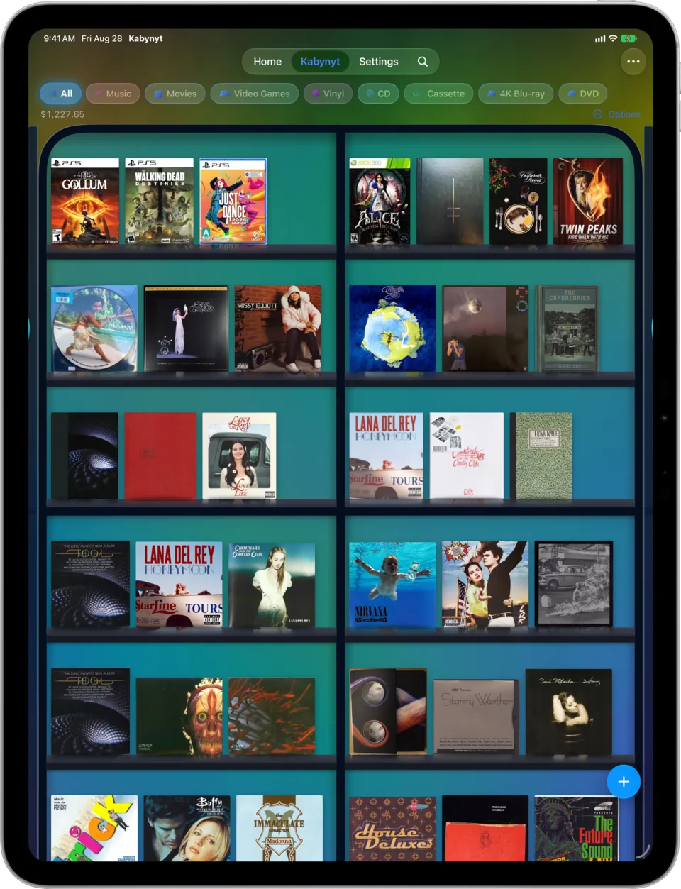 Real cover art in a cabinet you can scroll, filter by type, and turn in 3D.