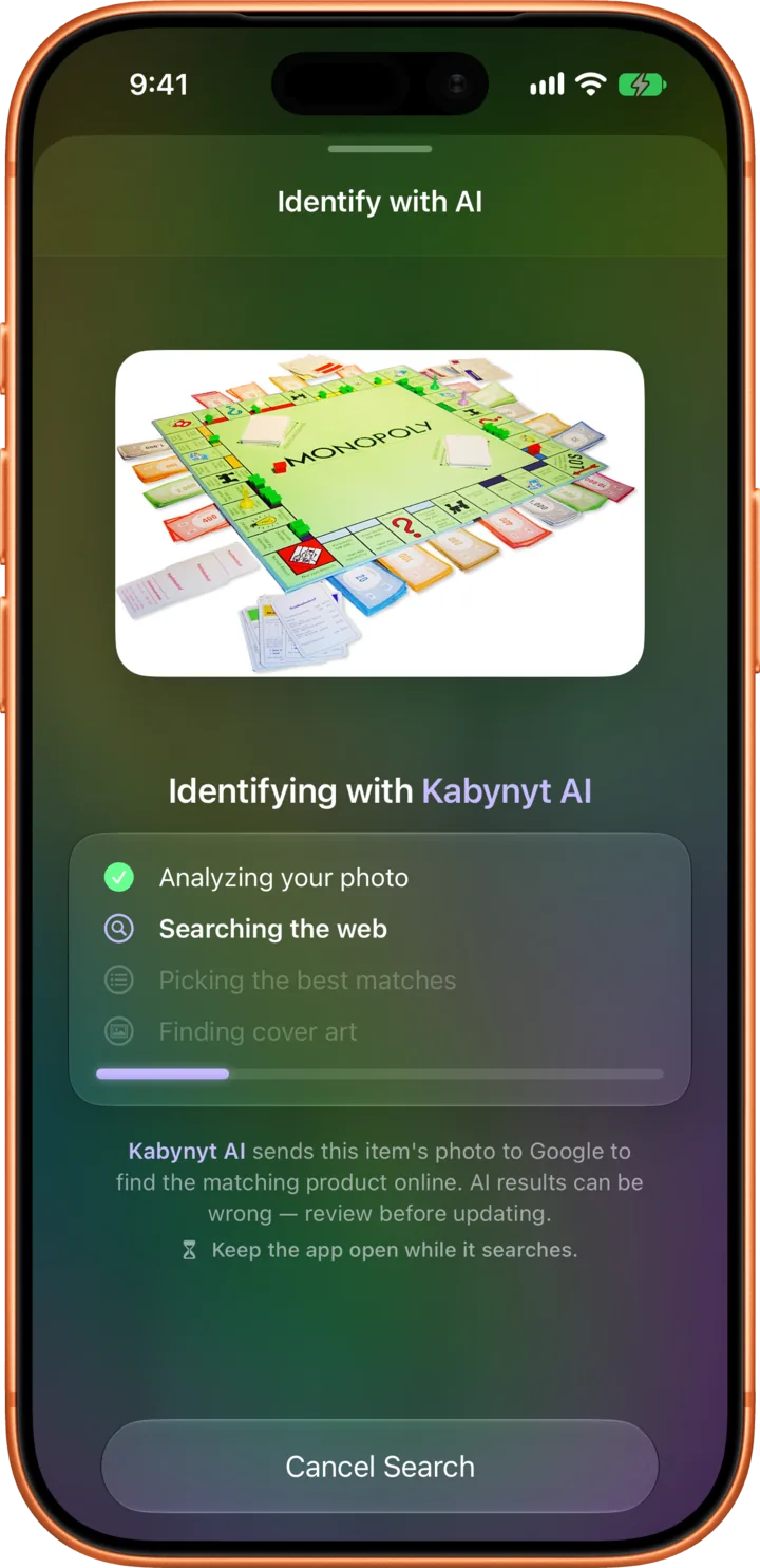 Analyzing your photo &middot; Searching the web &middot; Picking the best matches &middot; Finding cover art