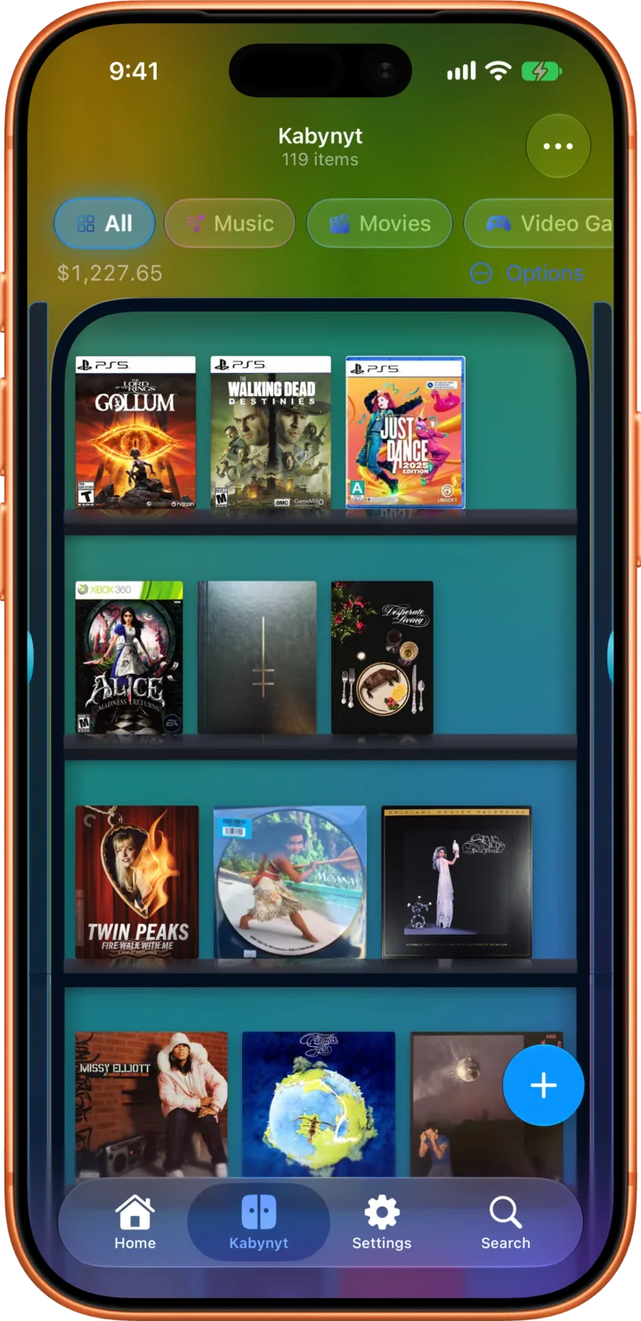 Real cover art in a cabinet you can scroll, filter by type, and turn in 3D.