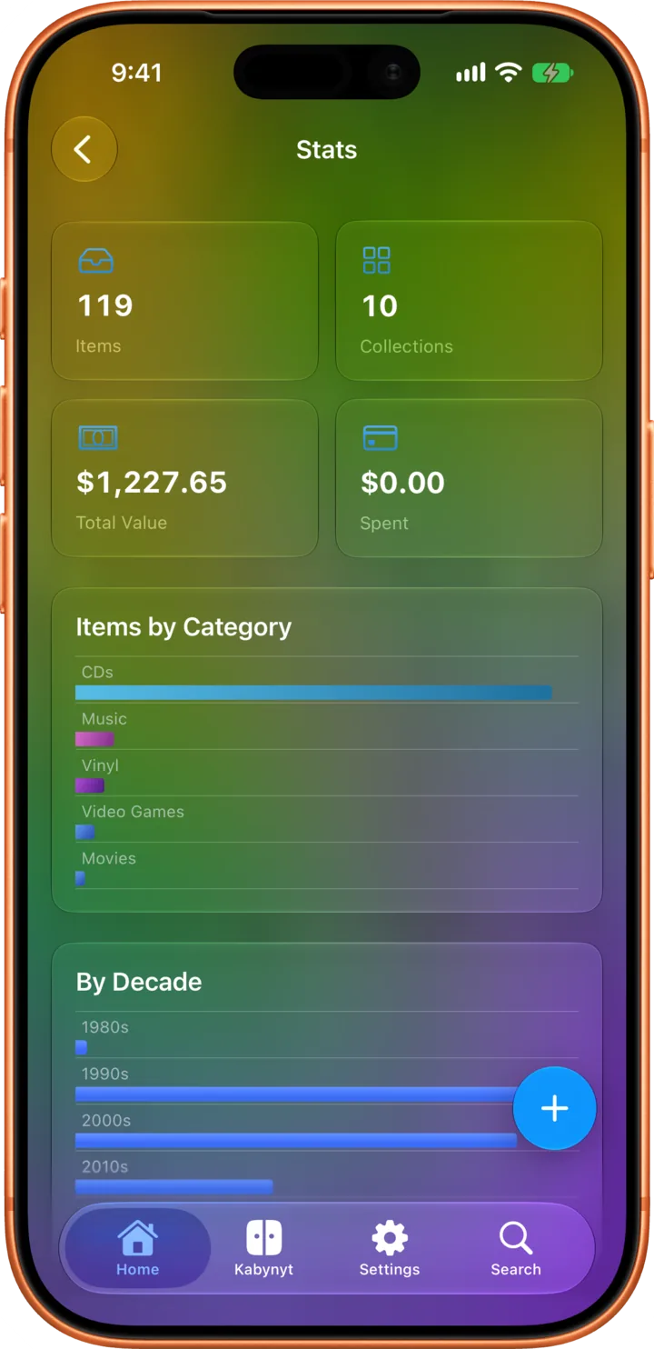 Totals, value over time, and your library by category and decade.