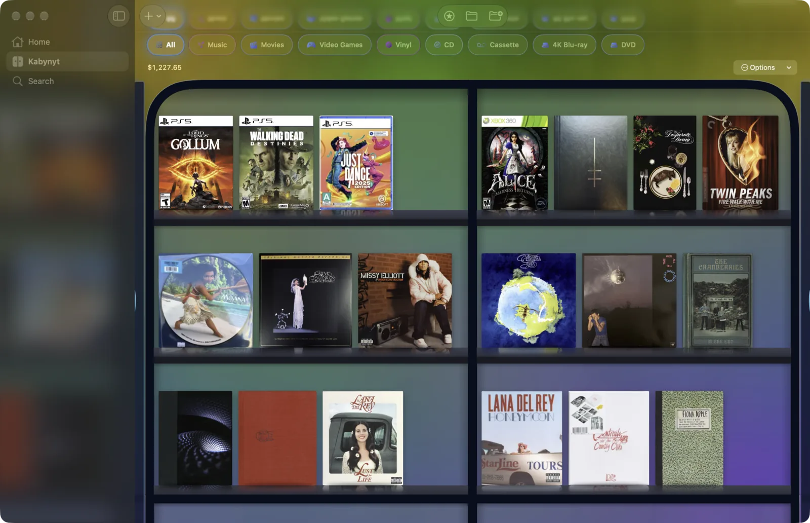 Real cover art in a cabinet you can scroll, filter by type, and turn in 3D.
