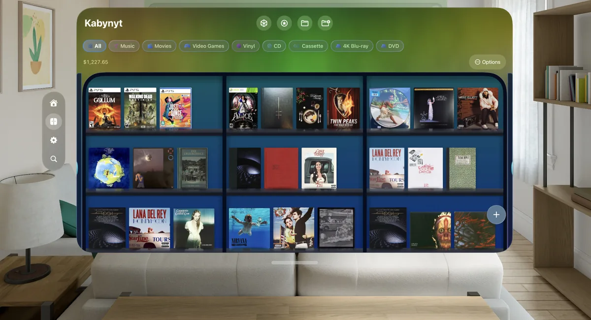 Real cover art in a cabinet you can scroll, filter by type, and turn in 3D.